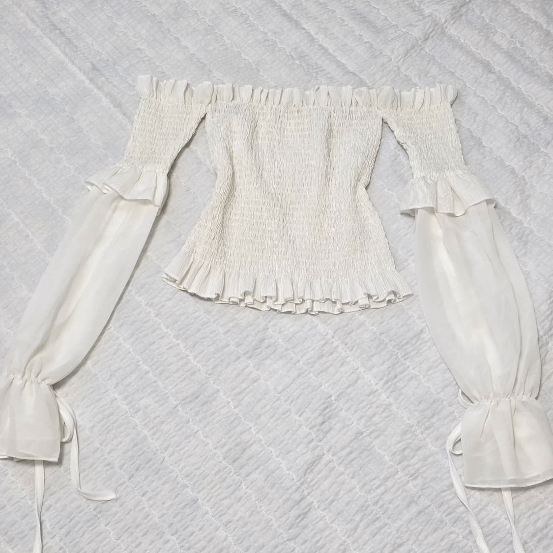 빈티지 화이트 로판 히메 스모크 쉬폰 오프숄더 블라우스 상품이미지3