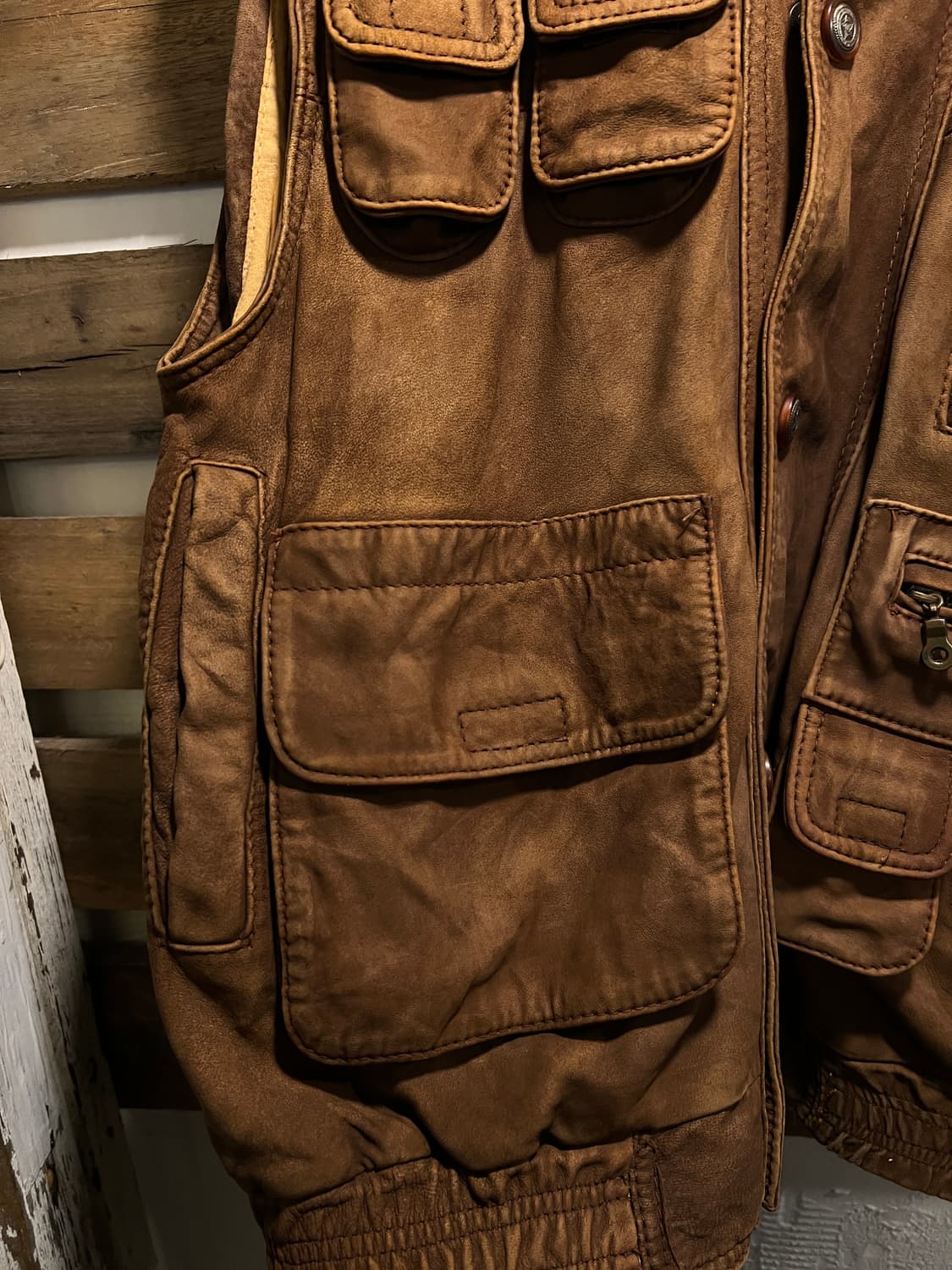 [L]90's USA 빈티지 브라운 리얼레더 멀티포켓 헌팅 베스트 상품이미지6