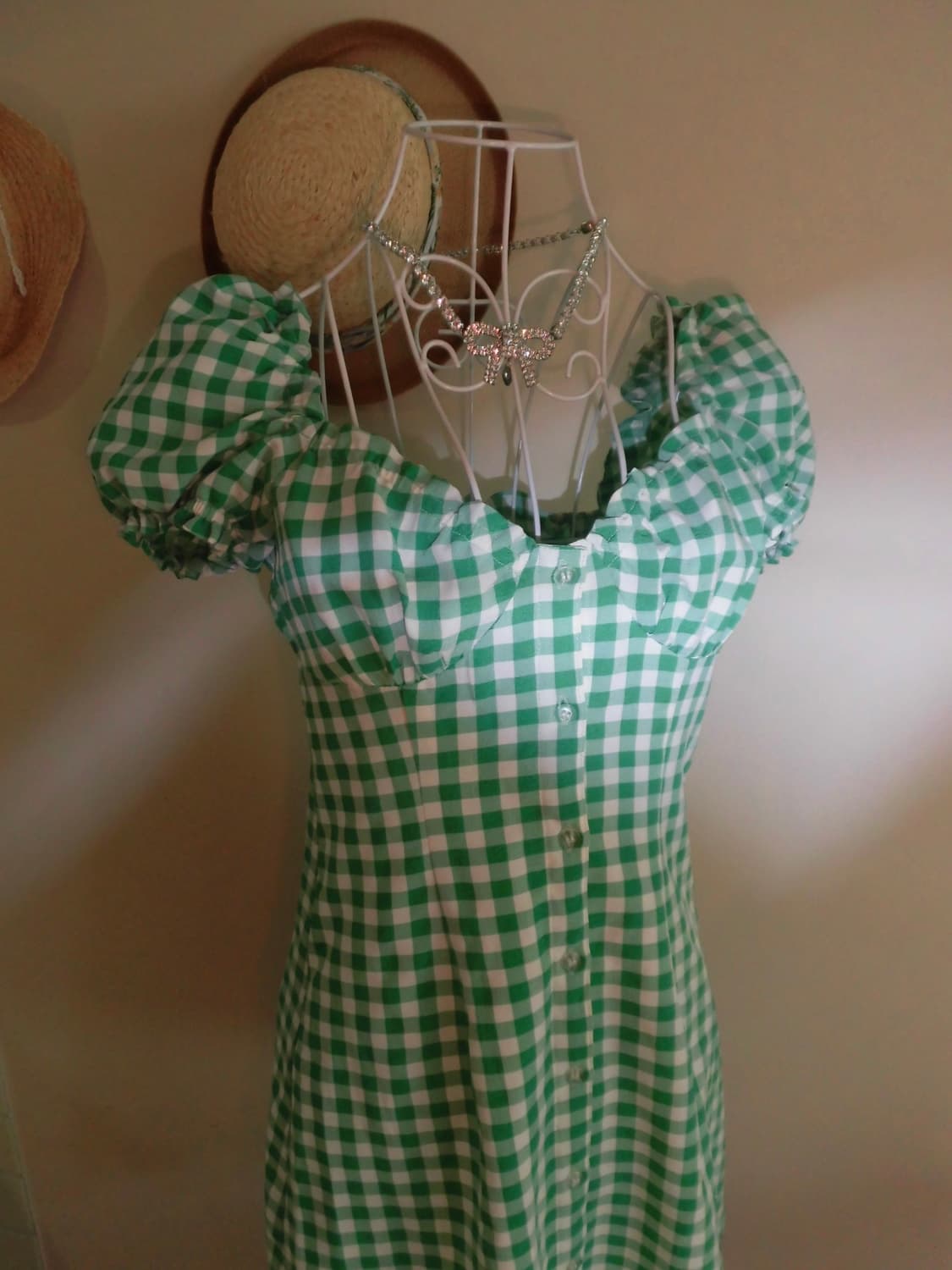 H&M 체크 그린 퍼프 미니 원피스 상품이미지4
