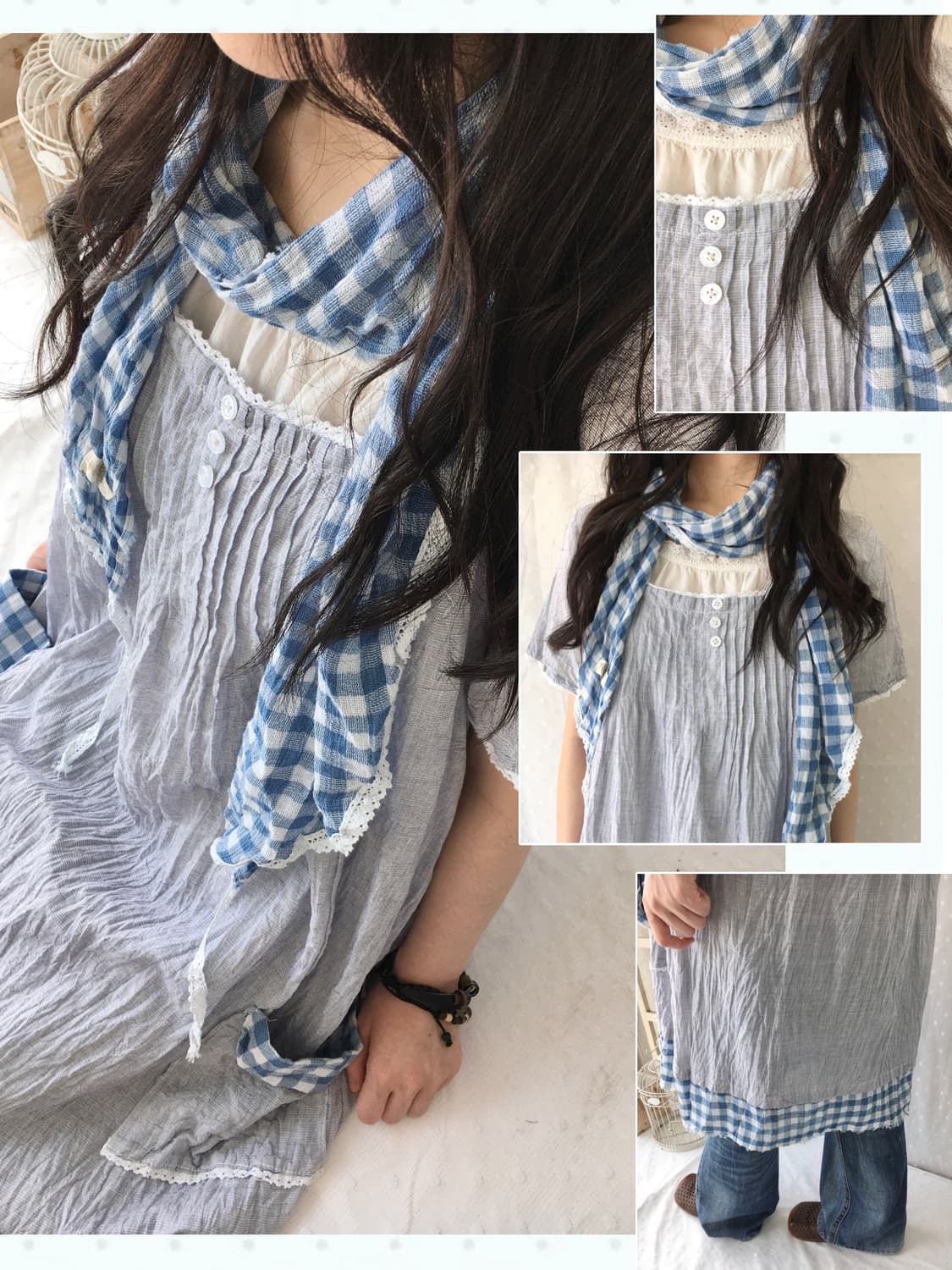 [Hand Made] 핸드메이드 블루 체크 레이어드 원피스 모리걸 상품이미지1