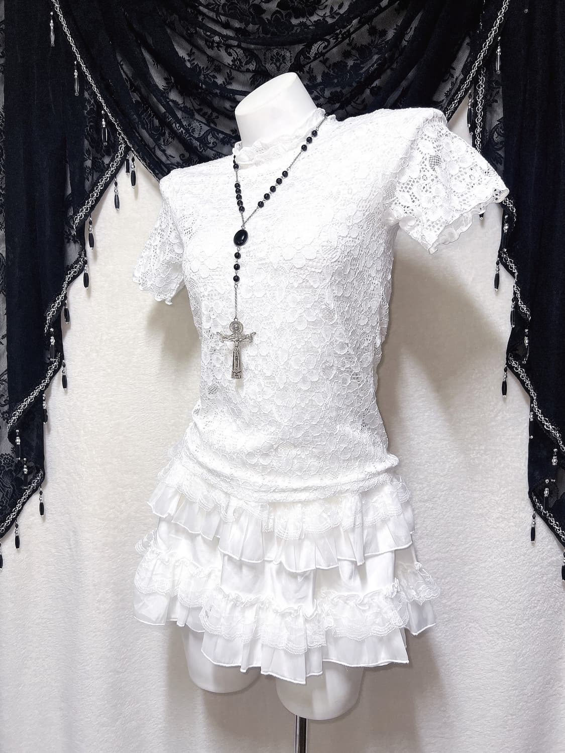 로맨틱고딕 엔젤릭 고스로리타 퓨어화이트 레이스프릴 로걀탑 페어리 핀터 상품이미지5