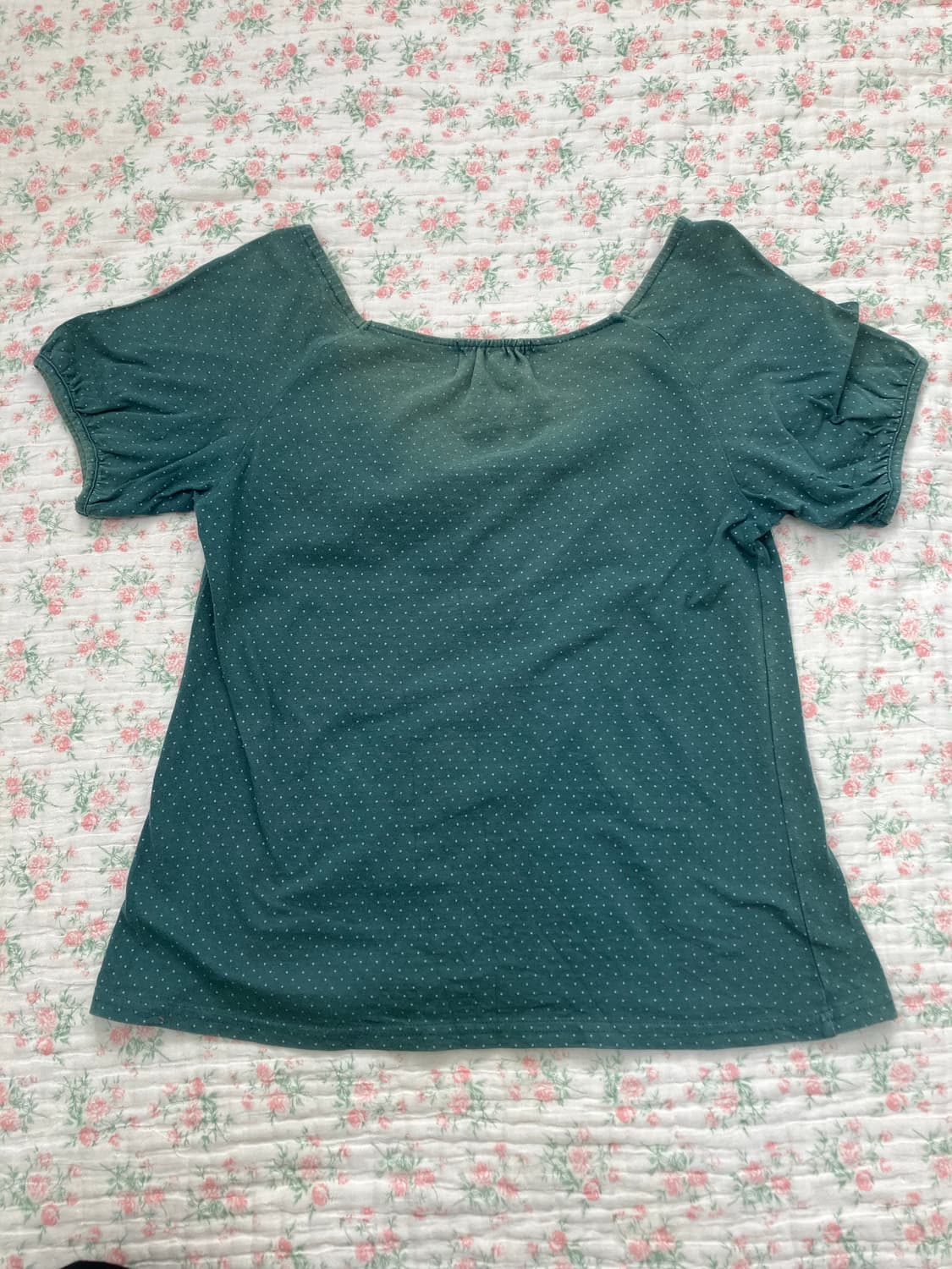 빈티지 청록 땡땡이 크로셰 퍼프 반팔 1118 모리걸 y2k 스트릿 갸루 상품이미지6