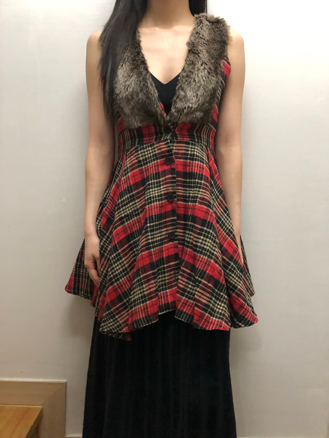 빈티지 레드 체크 퍼 원피스 상품이미지5