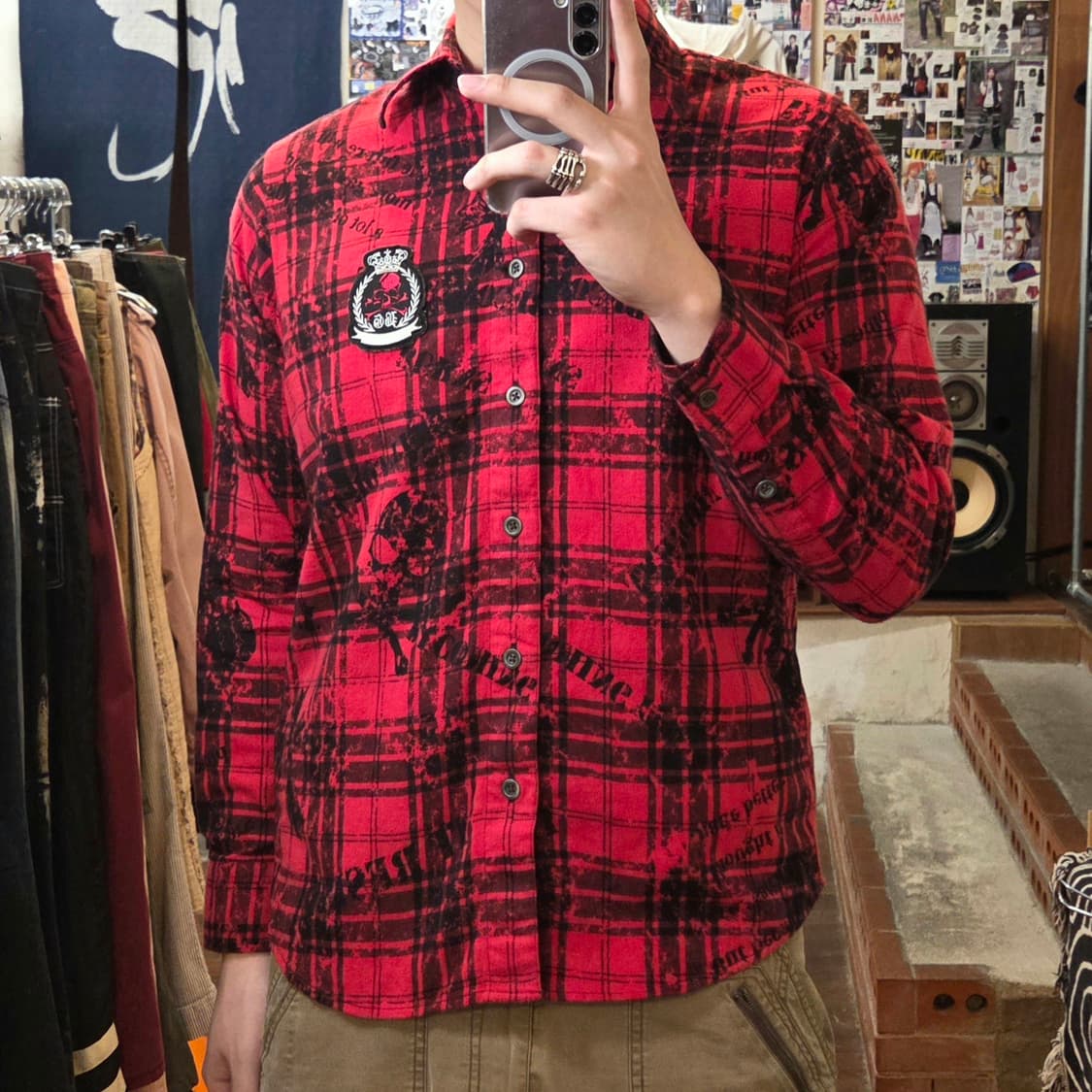 JPN 펑크 스컬 패턴 레드 셔츠 상품이미지2