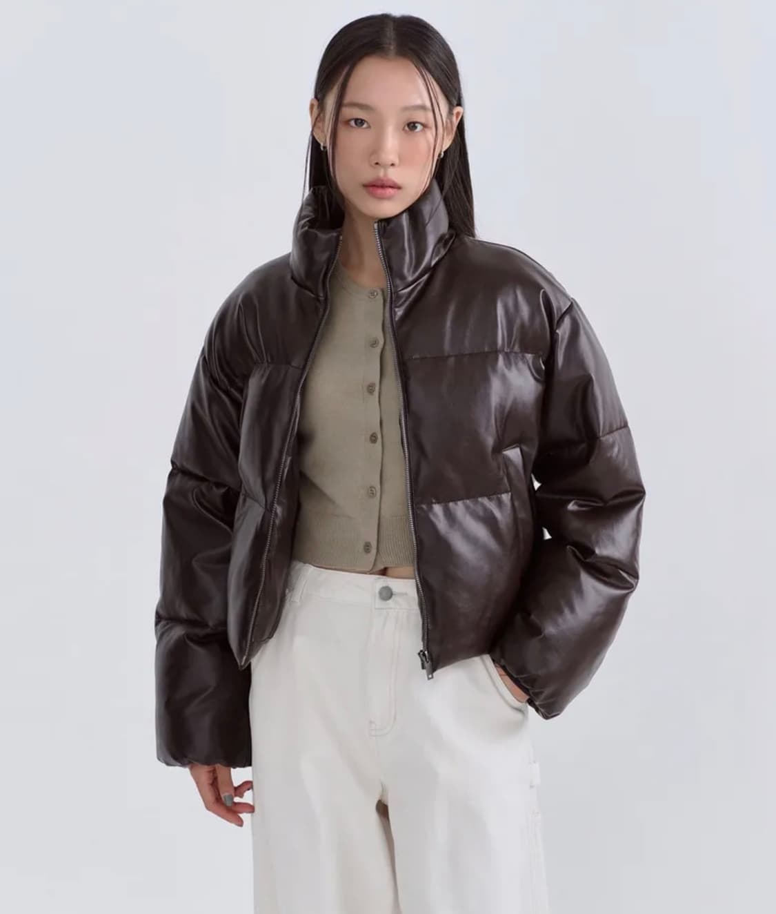 [새상품, S] 무신사스탠다드 우먼즈 비건레더푸퍼 숏 패딩자켓 브라운 상품이미지1
