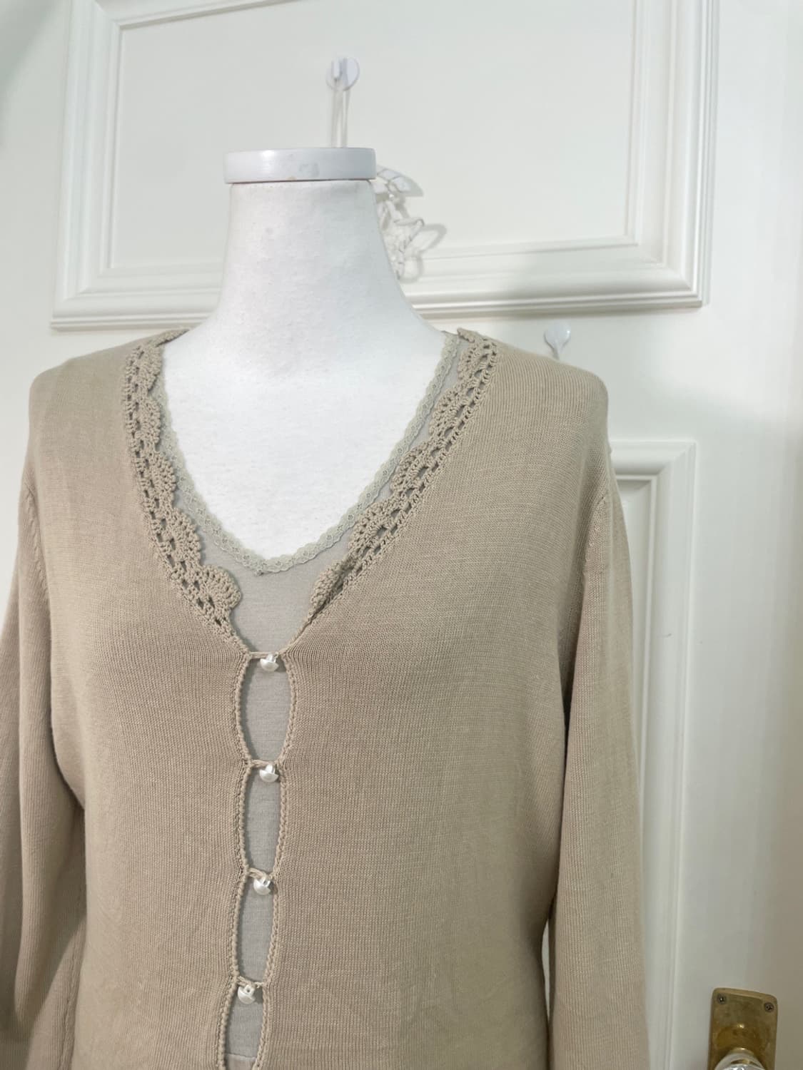 khaki crochet point pearl button cardiga 상품이미지6