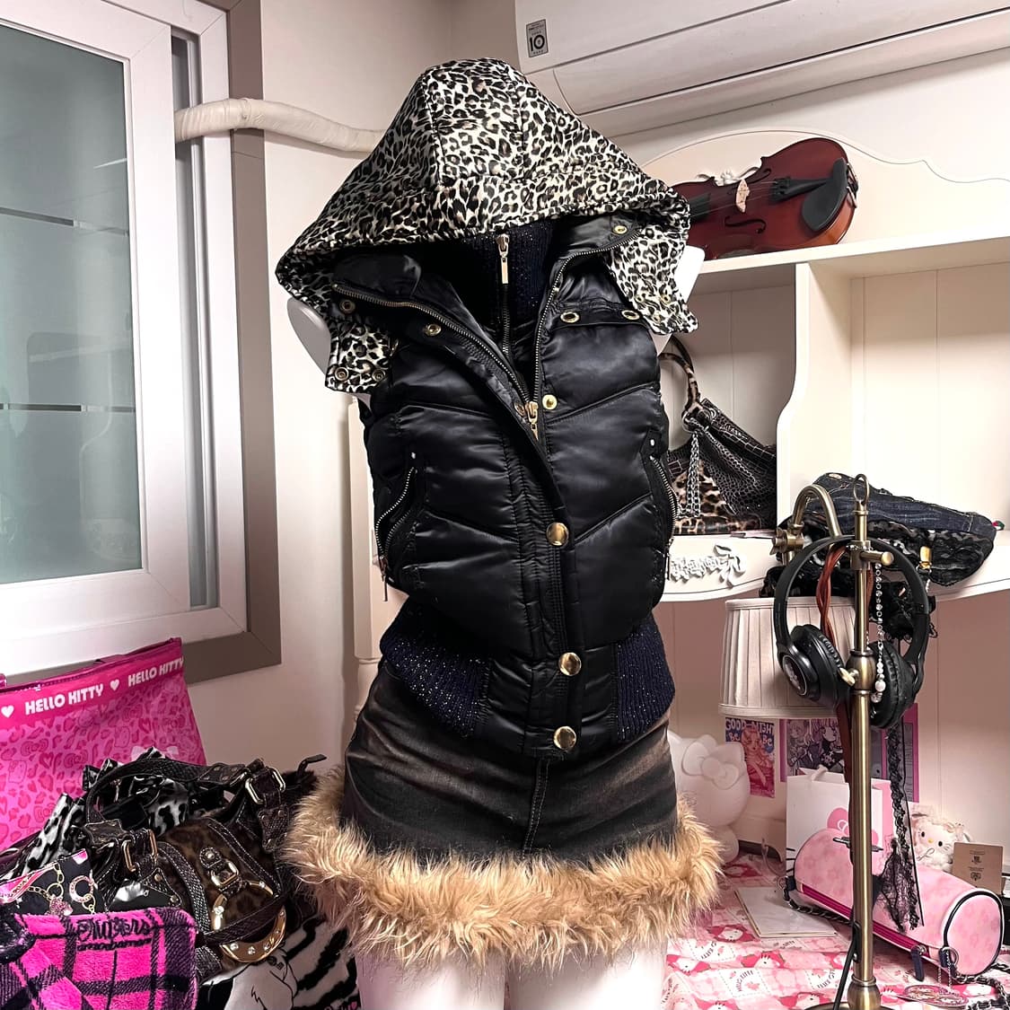 오네갸루 대장 레오파드 큐빅스톤 펄 패딩 조끼 나나y2k 핀터00s빈티지 상품이미지2