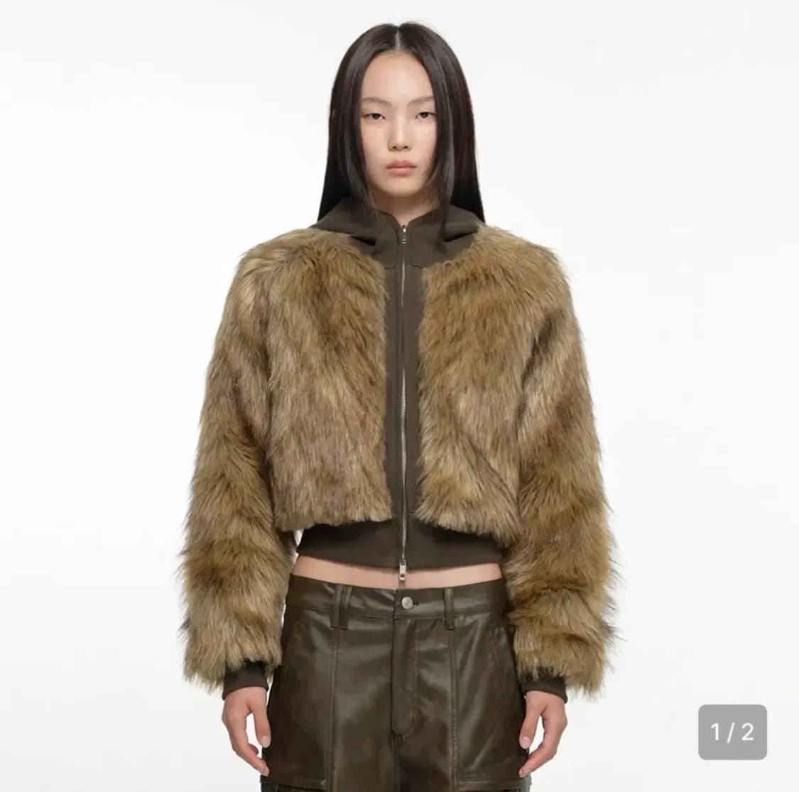 나체 후디 크롭 퍼자켓 카키 브라운 0사이즈 상품이미지1