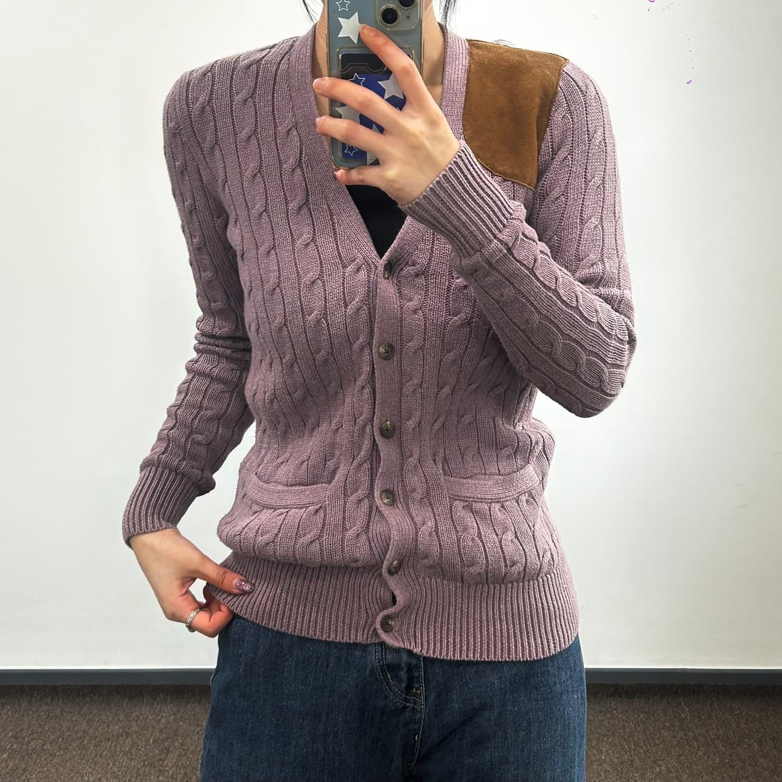 Polo 폴로 숄더 패치 퍼플 케이블 니트 가디건 상품이미지1