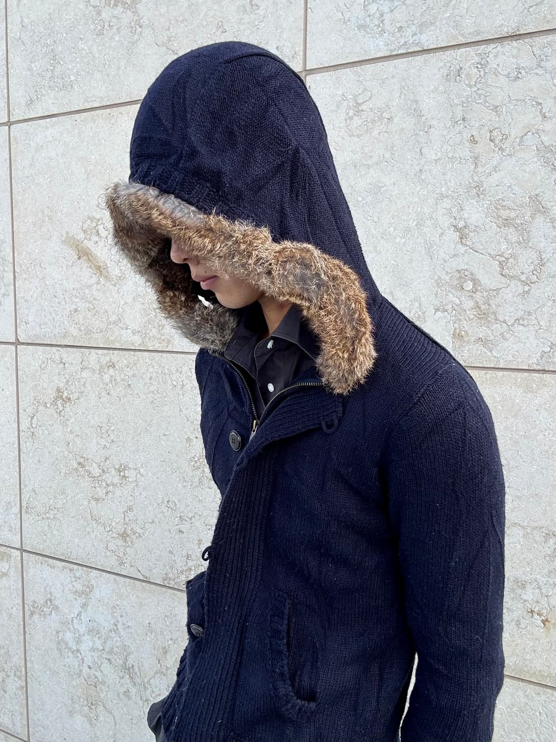 “Vintage” Navy Slim Fit Fur Hoodie Zip U 상품이미지3