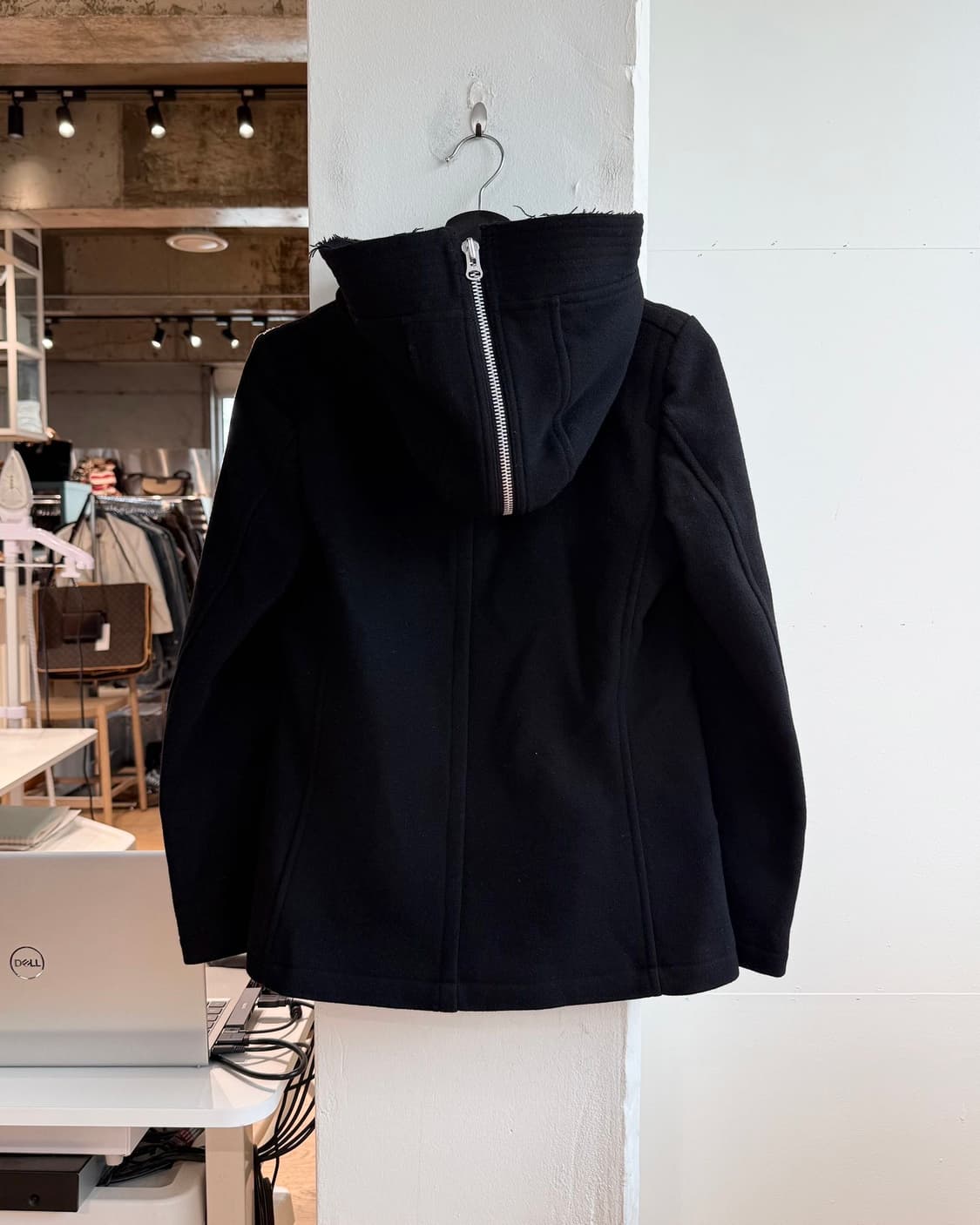 주카 블랙 더블 브레스티드 울 후드 코트 상품이미지7