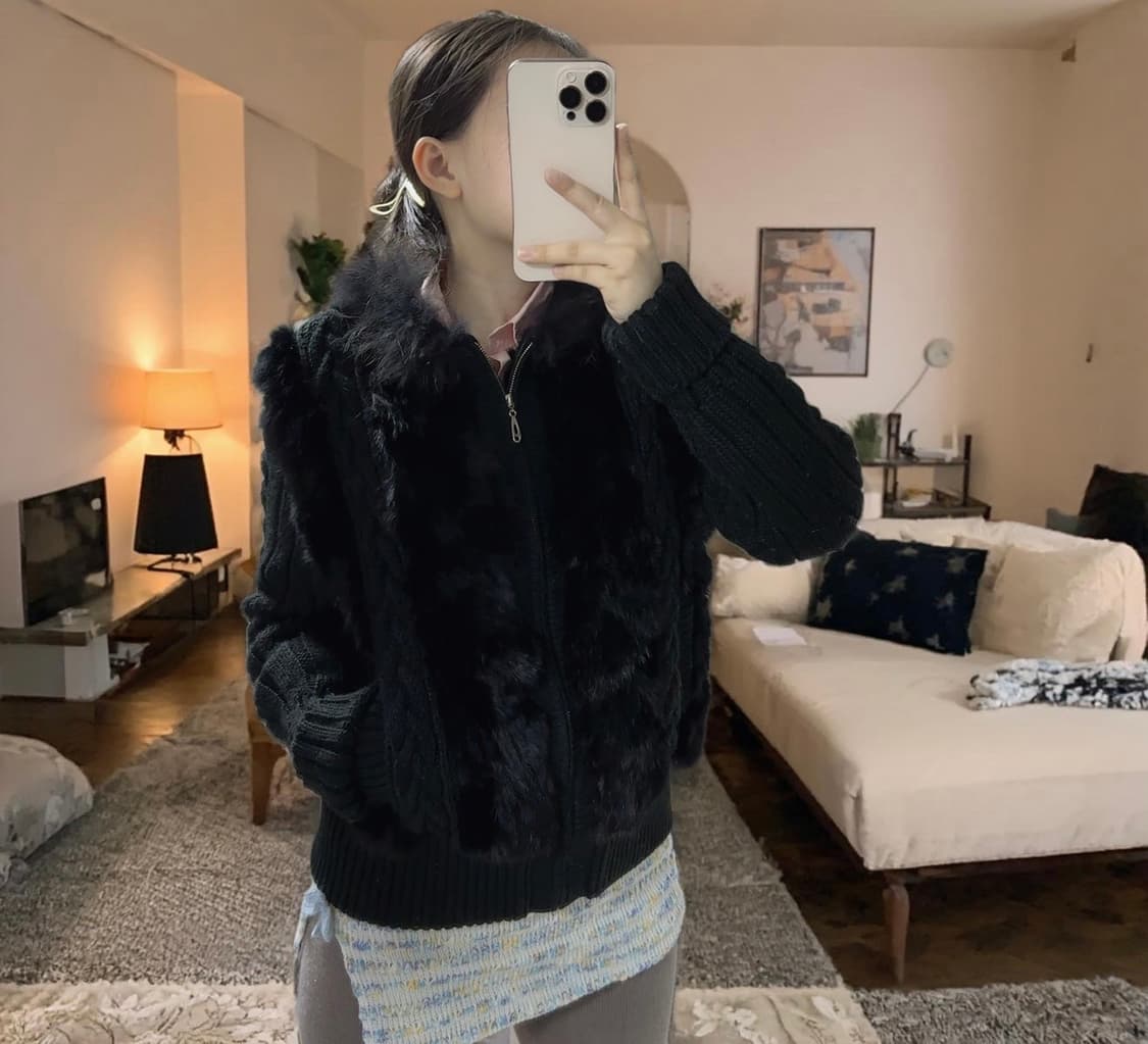 빈티지 먹색 여우털 후드 토끼털 꽈배기 니트자켓 후드집업 상품이미지5