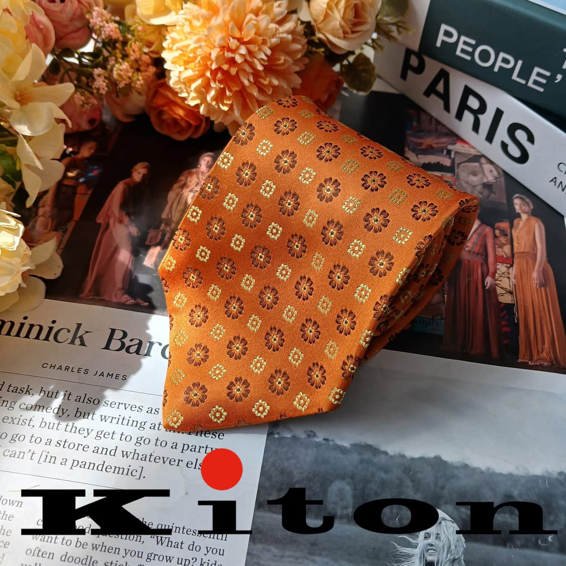 키톤 실크 오렌지 플라워 자수 넥타이 9.5cm S~A+등급 e905 상품이미지2