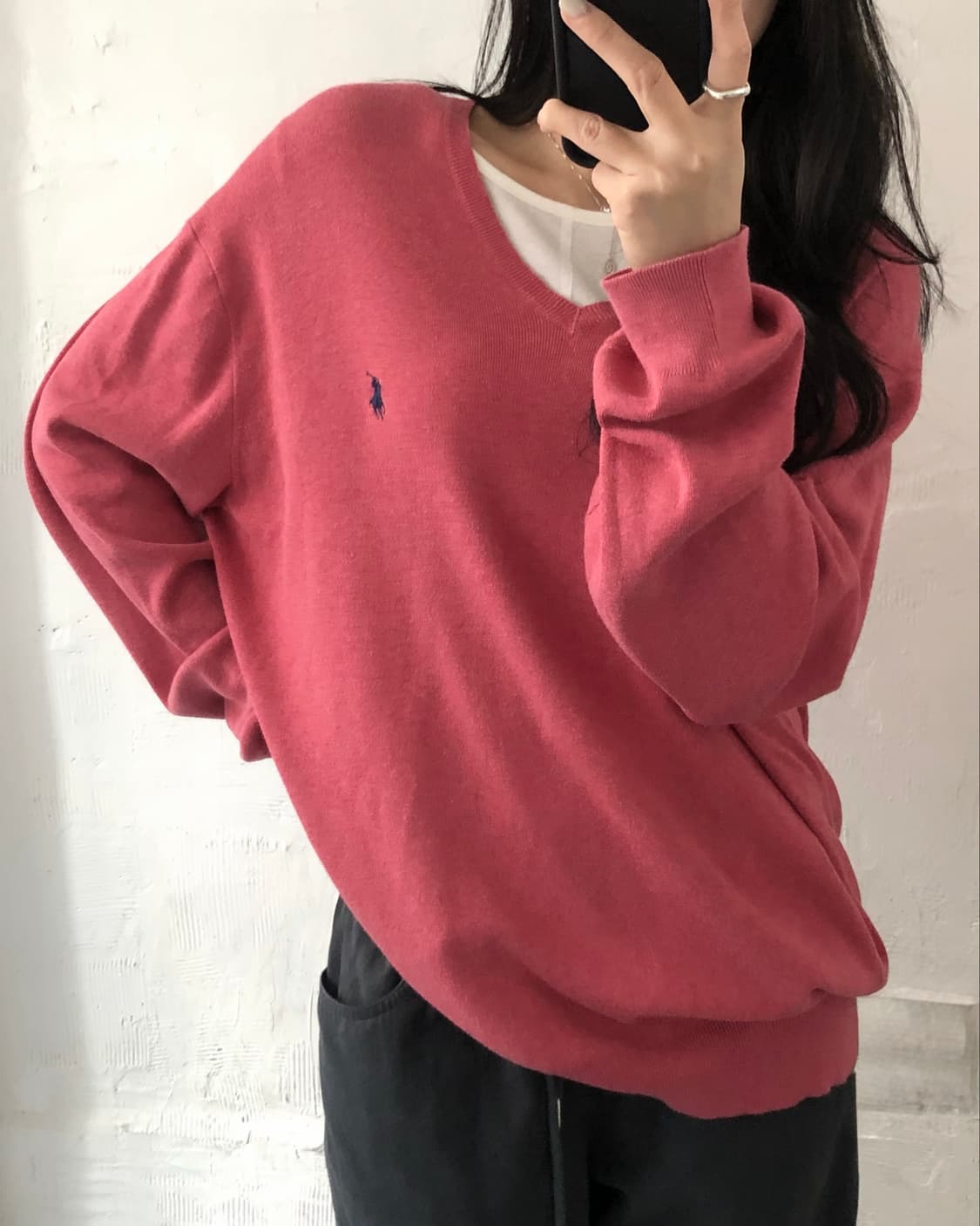 Polo 폴로 랄프로렌 피마코튼 로즈핑크 브이넥 니트  Price - 5 상품이미지3