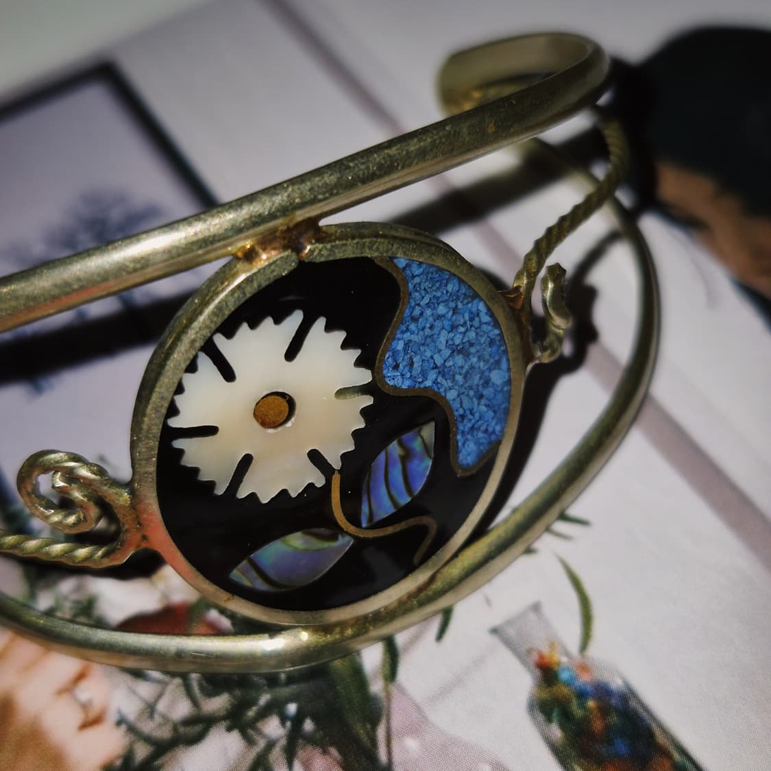 80s 멕시코 알파카 터키석 자개 플라워 뱅글 상품이미지8