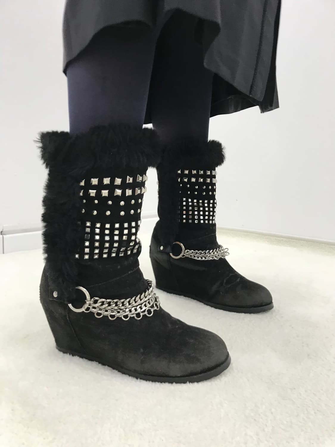 Egoist stud chain mix fur wedge boots 상품이미지4