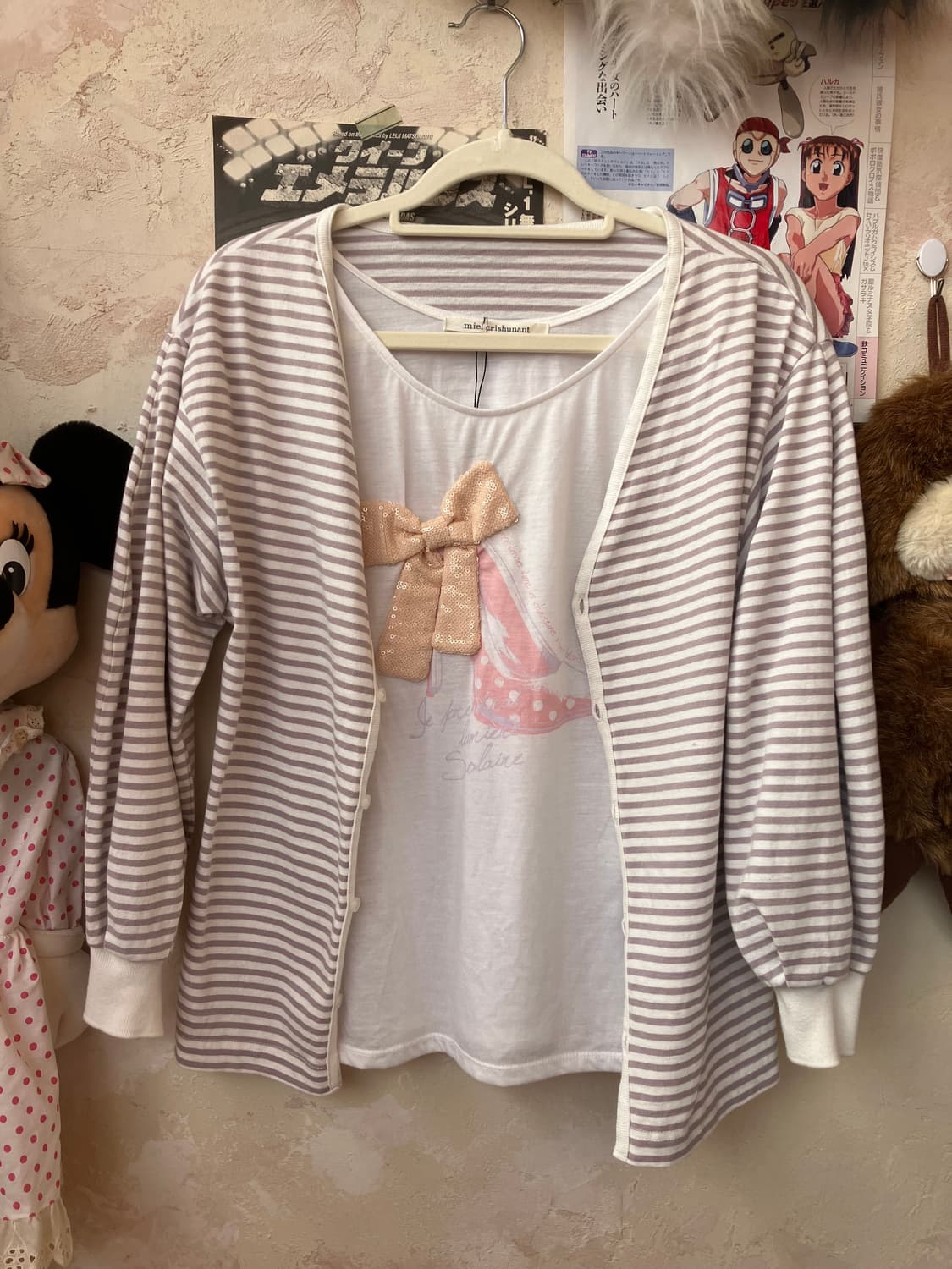 (set)구두리본 퍼프 티셔츠+스트라이프 가디건 세트 상품이미지3