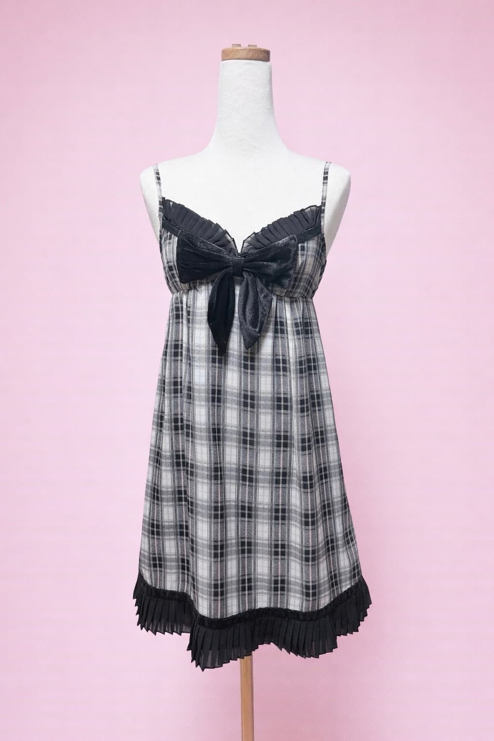 갸루 벨벳 리본 체크 원피스 상품이미지1