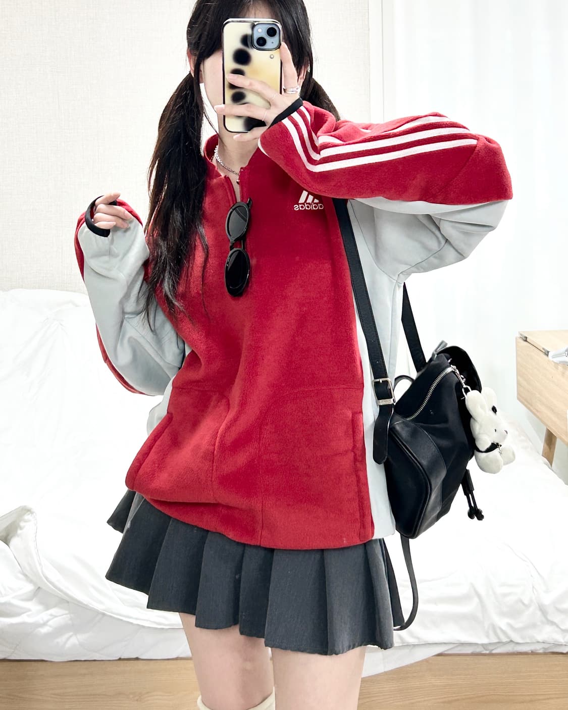 아디다스 레드 삼선 플리스 반집업 상품이미지3