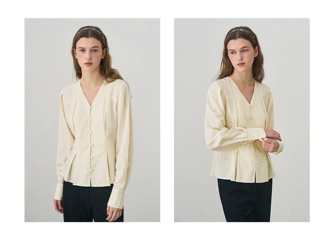 (S) 드로우핏 우먼 턱 브이넥 타이 블라우스 [CREAM BEIGE]  상품이미지5