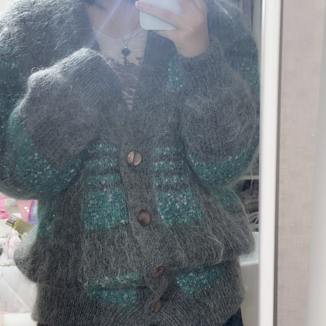 폭닥 앙고라 갸루 민트 그레이 가디건 히메갸루 오네갸루 y2k 상품이미지1