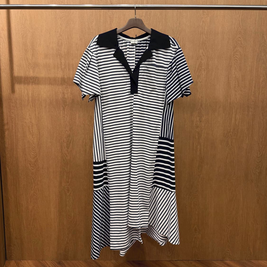 시스템 리에디션 반팔 원피스 스트라이프 패치워크 배색 네이비 화이트 상품이미지2