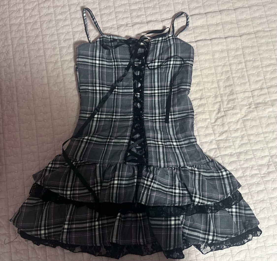 체크 프릴 레이스업 원피스 펑크 나나깔 캐캐체깔 갸루 상품이미지3