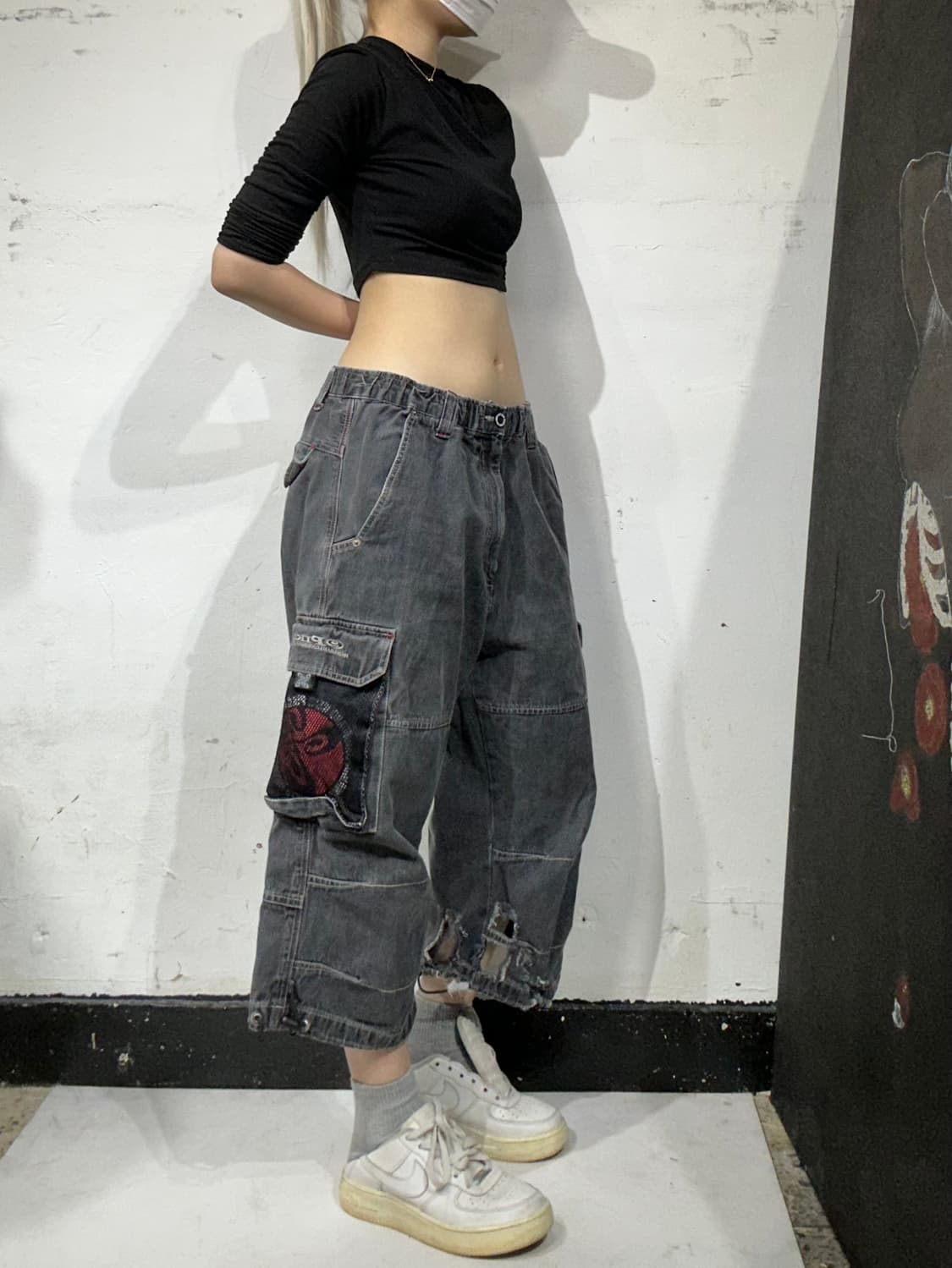 피코 흑청 힙합 반바지 데님 하프 카고 팬츠 버뮤다 바지 L 상품이미지1