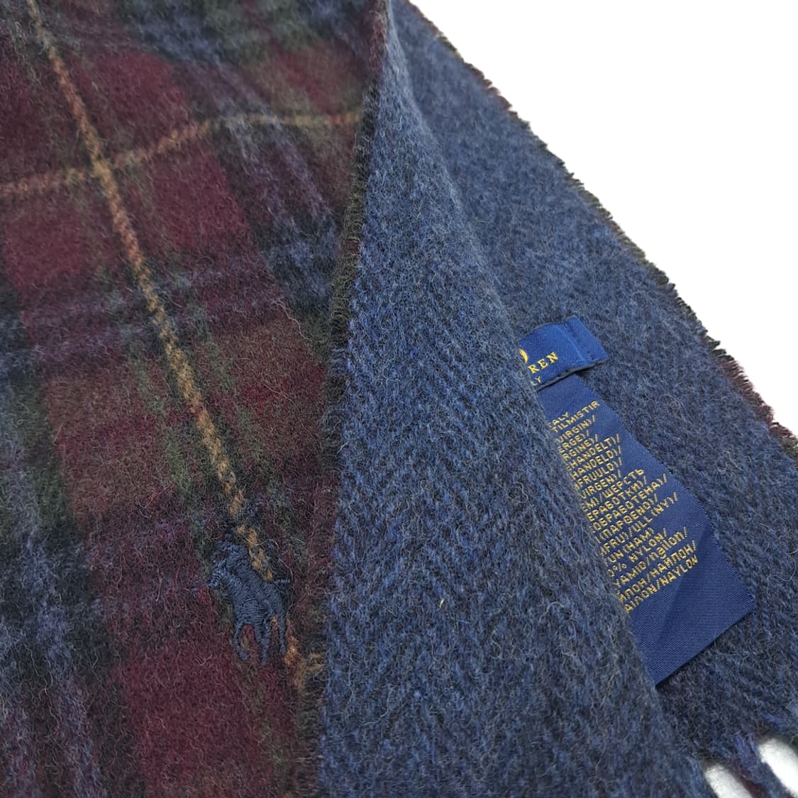 MX226 폴로 랄프로렌 퍼플 타탄체크 헤링본 버진울 양면 목도리 머플러 상품이미지4