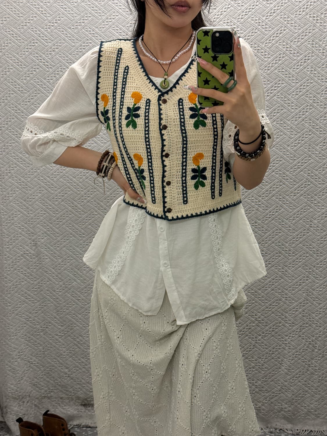 빈티지 모리걸 크로셰 플로럴 뜨개 자수 니트 베스트 K0149 상품이미지1