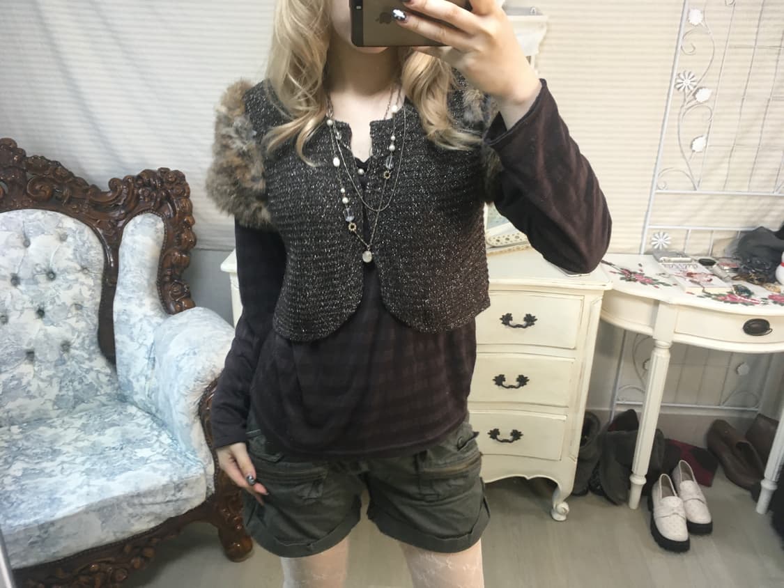 Set)브라운 퍼 글리터 가디건 + 스트라이프 롱슬리브 상품이미지3