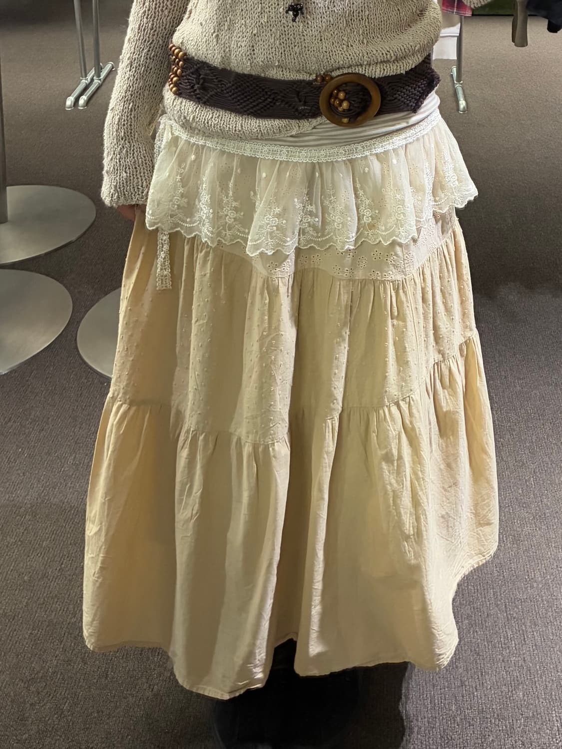 OS)Japanese vintage 옐로우 베이지 펀칭 롱 스커트 상품이미지2