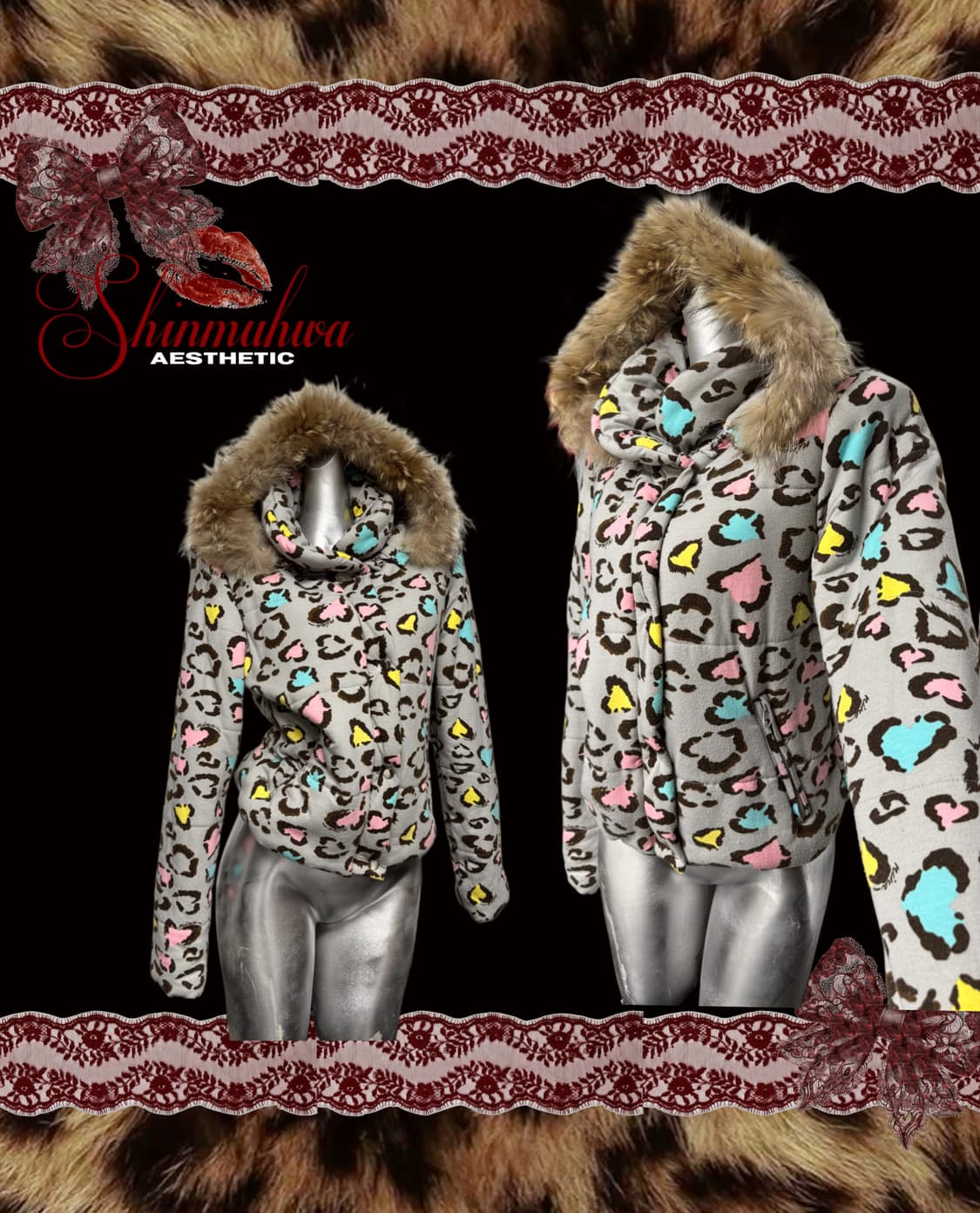 갸루 하트 레오파트 퍼 패딩  상품이미지1