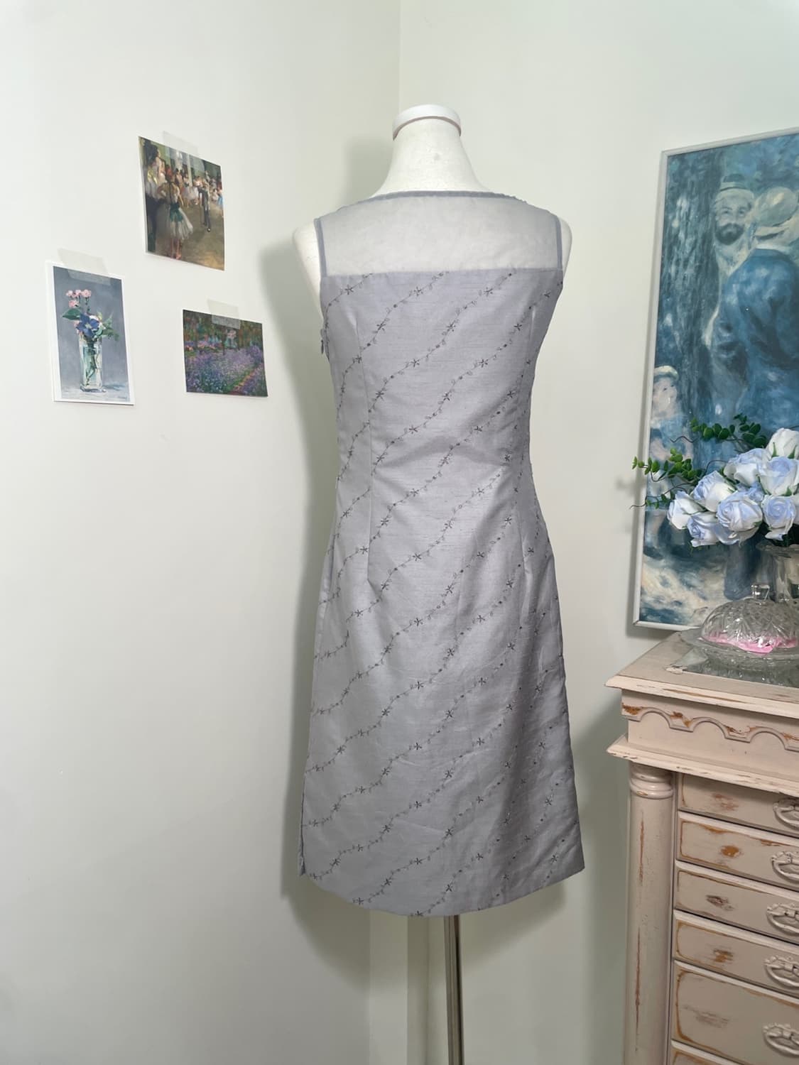 sheer gray flower embroidery midi opc 상품이미지2