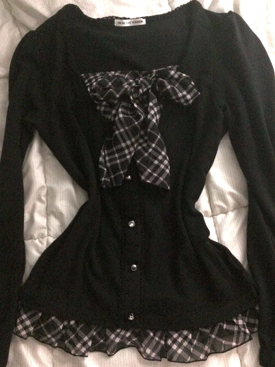 빈티지 로걀 딸기우유 체크 딱붙 리본 탑 상품이미지1