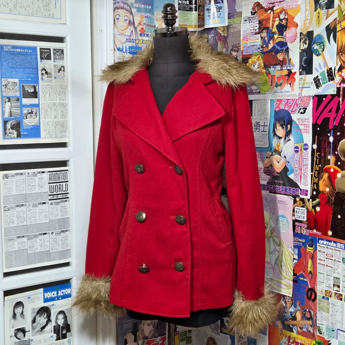 JPN 빈티지 갸루 레드 퍼 더블 코트 상품이미지1