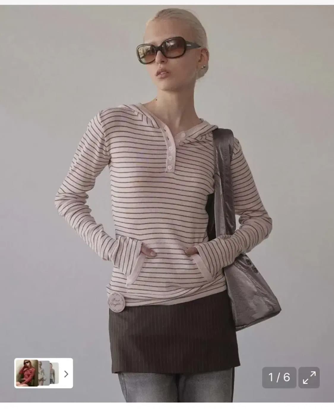 스컬프터 니트 스트라이프 후드 핑크 브라운 상품이미지1