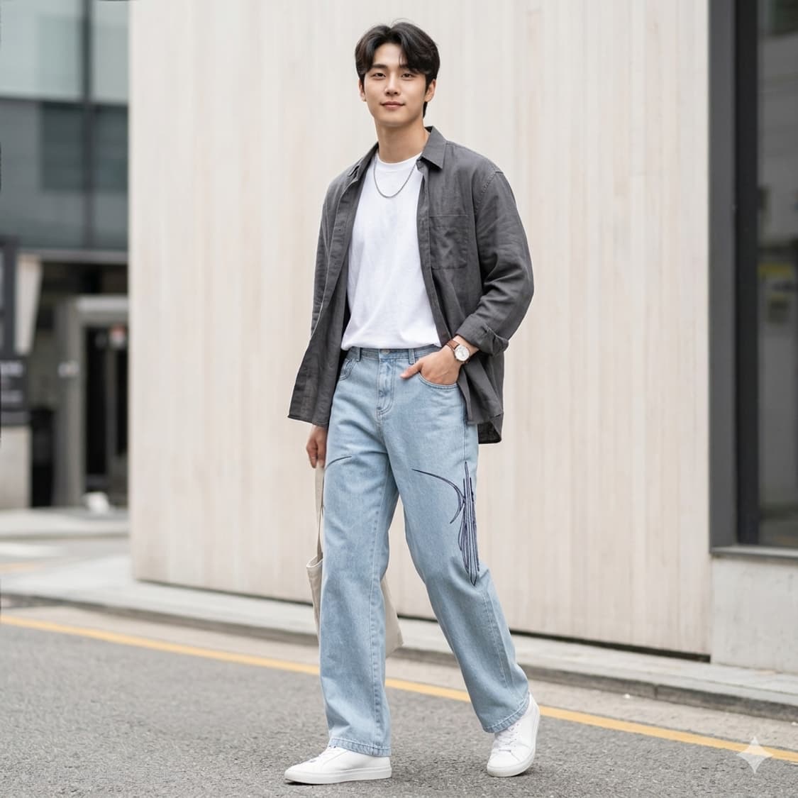 C0D3 자수 와이드 데님 팬츠 연청 상품이미지1