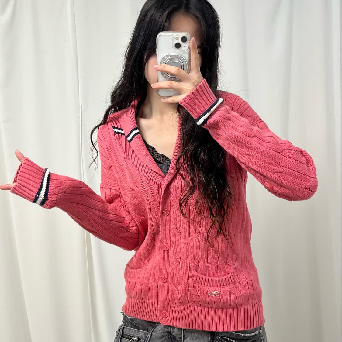 Lacoste pink shawl collar cardigan 상품이미지2