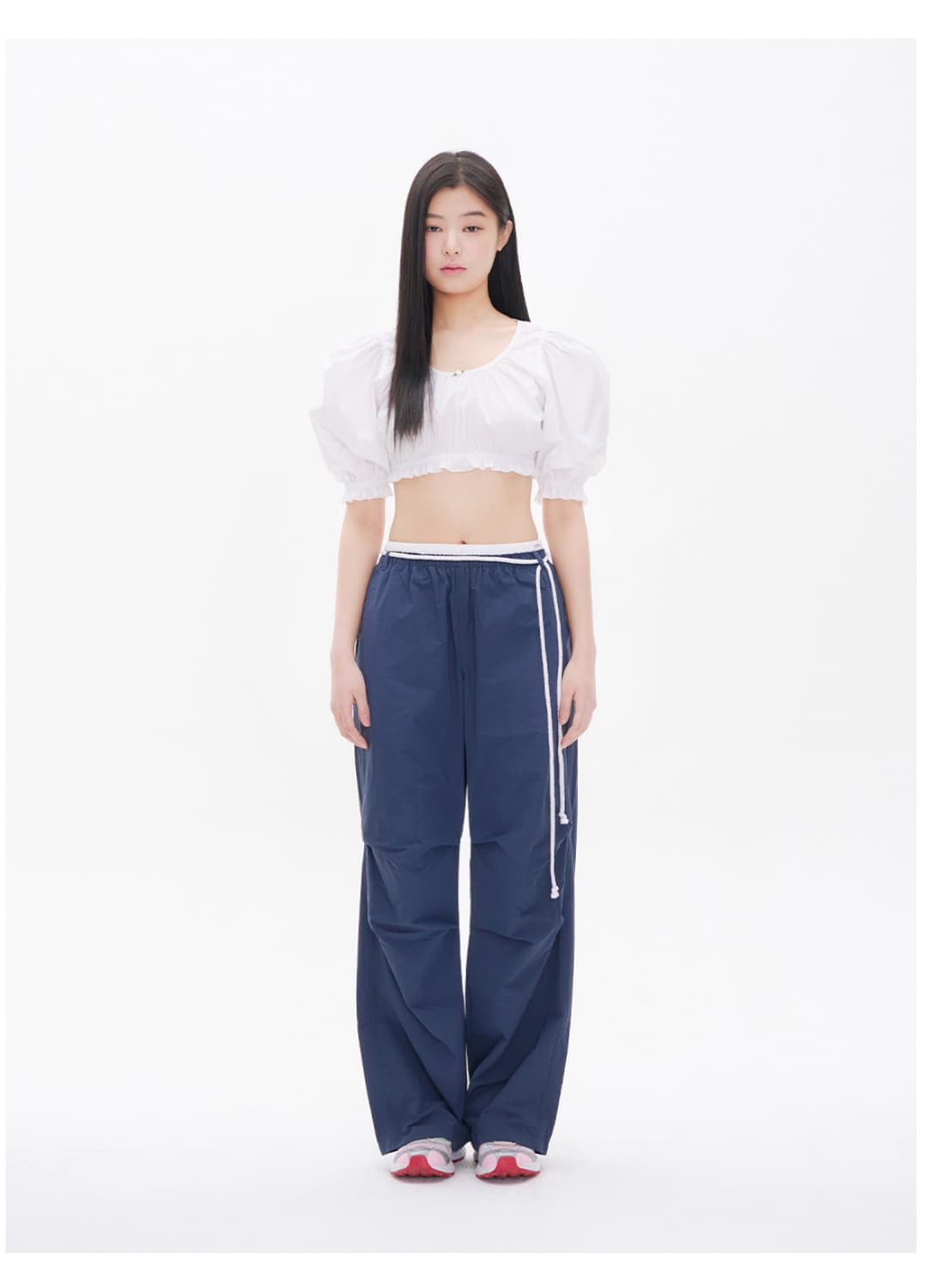 YOUHEE 코튼 레이어드 밴딩 와이드 팬츠(NAVY) 상품이미지1