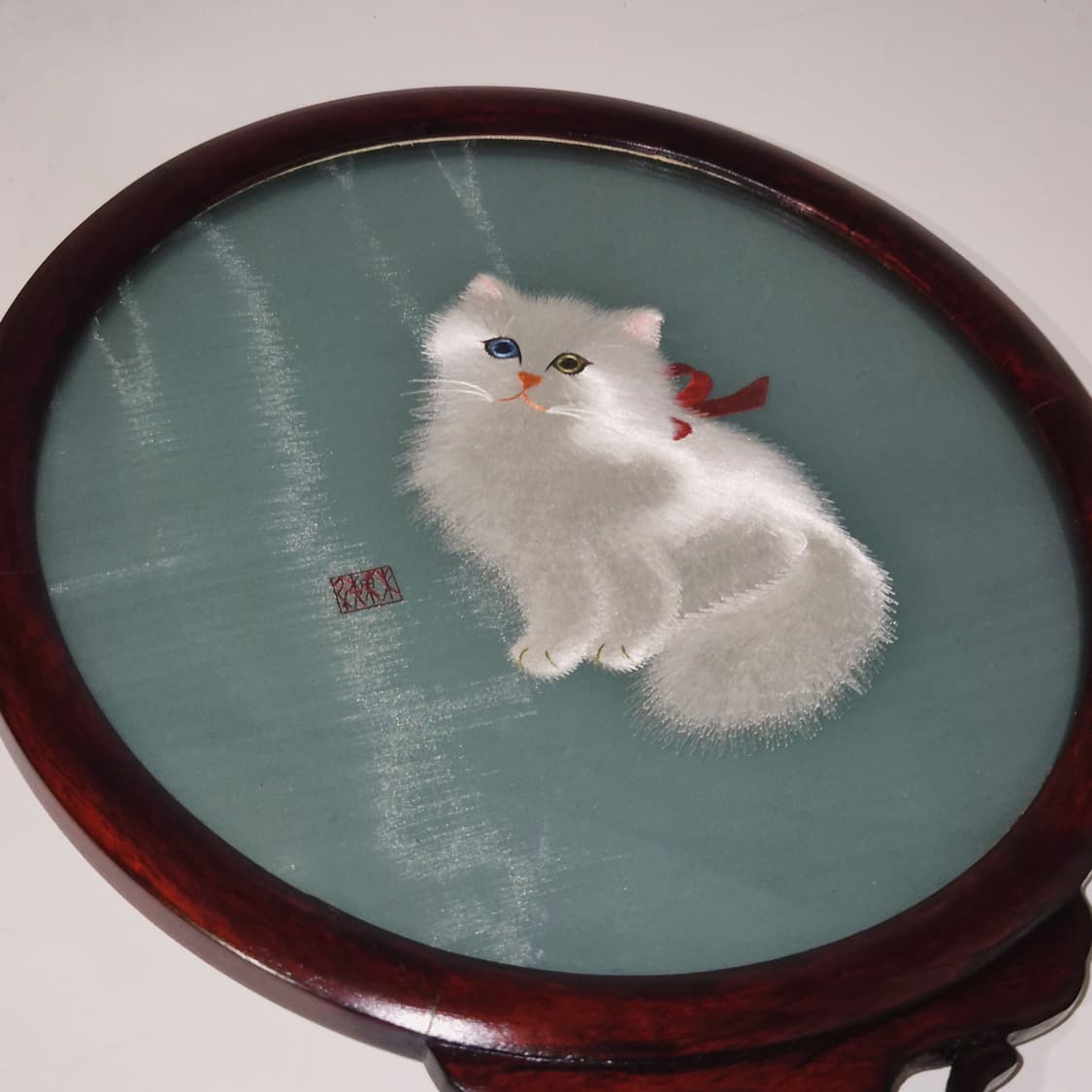 70s 쑤저우 전통 자수 옻칠 나무 고양이 돔 장식 상품이미지10