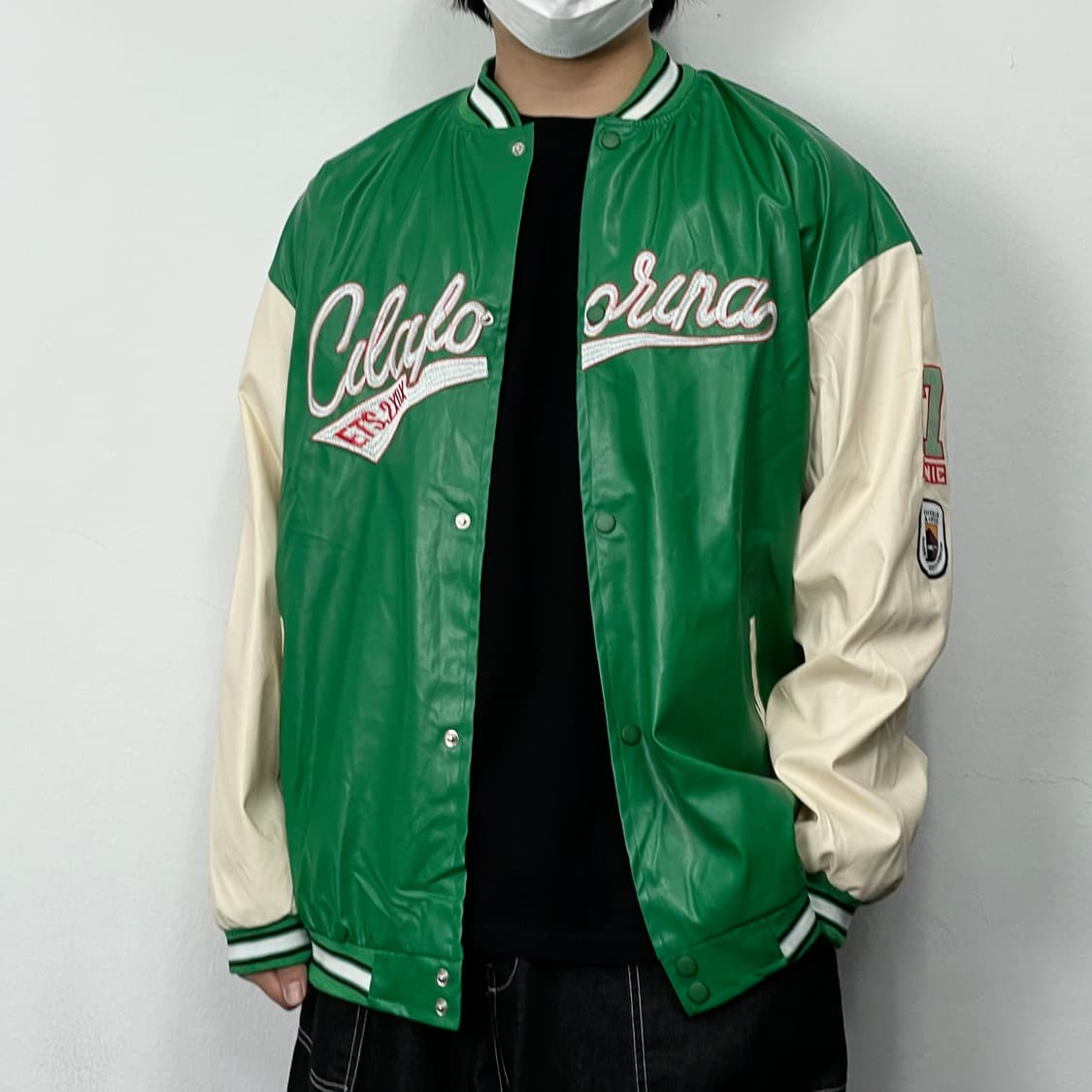 XL 빈티지 패치워크 배색 레더 바시티 자켓 상품이미지1