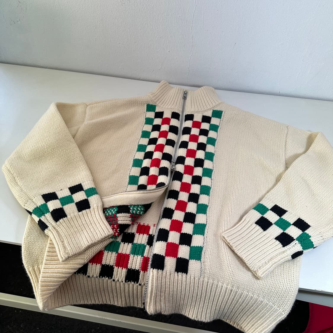 L BALLOW 아이보리 체크 투웨이 니트집업 상품이미지1