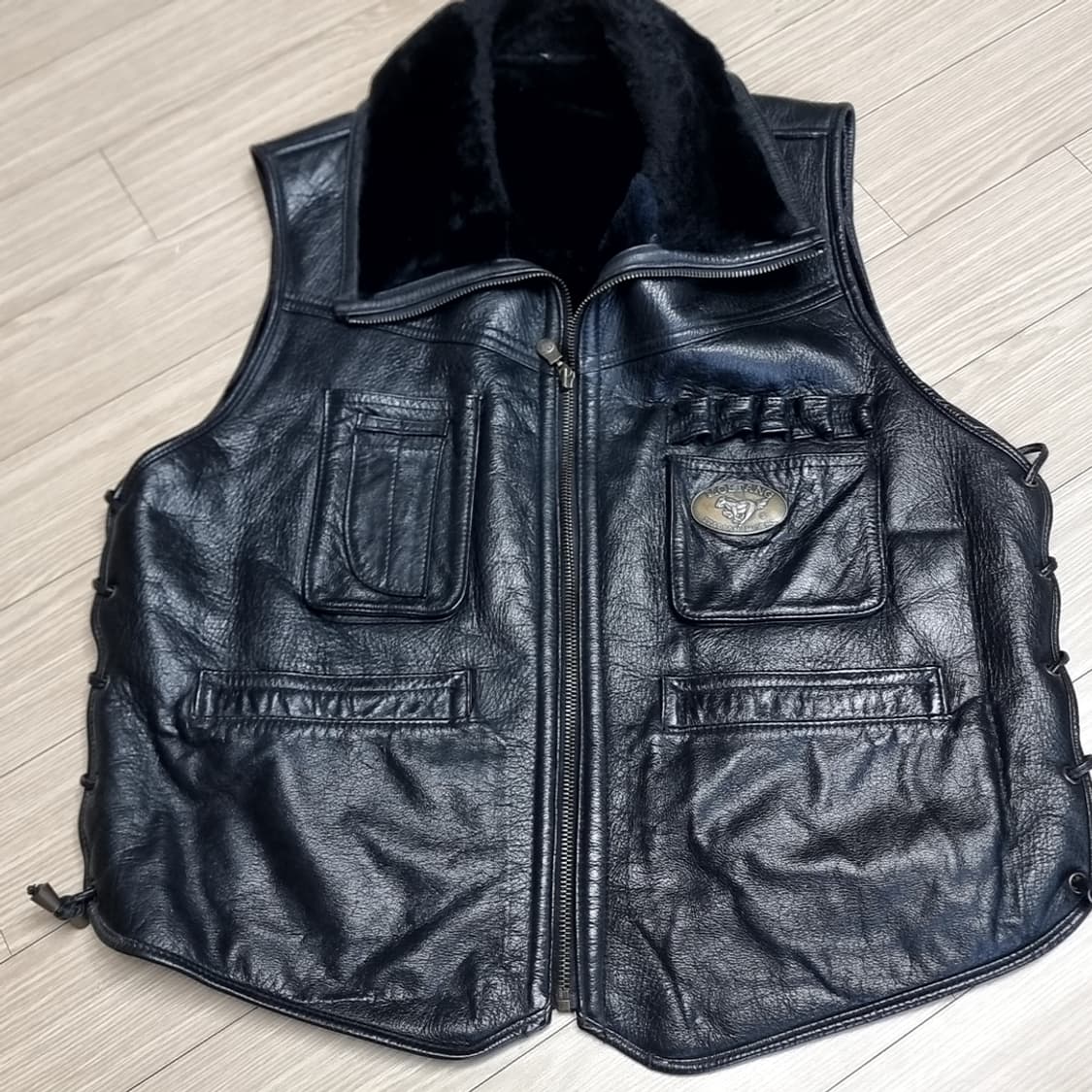 80s 양가죽 무스탕 블랙 가죽 베스트 조끼(xl) 상품이미지1
