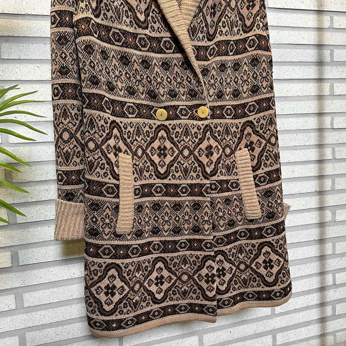 ITALY VINTAGE 롱 울 가디건 에스닉 패턴 투포켓 디테일 브라운 상품이미지5