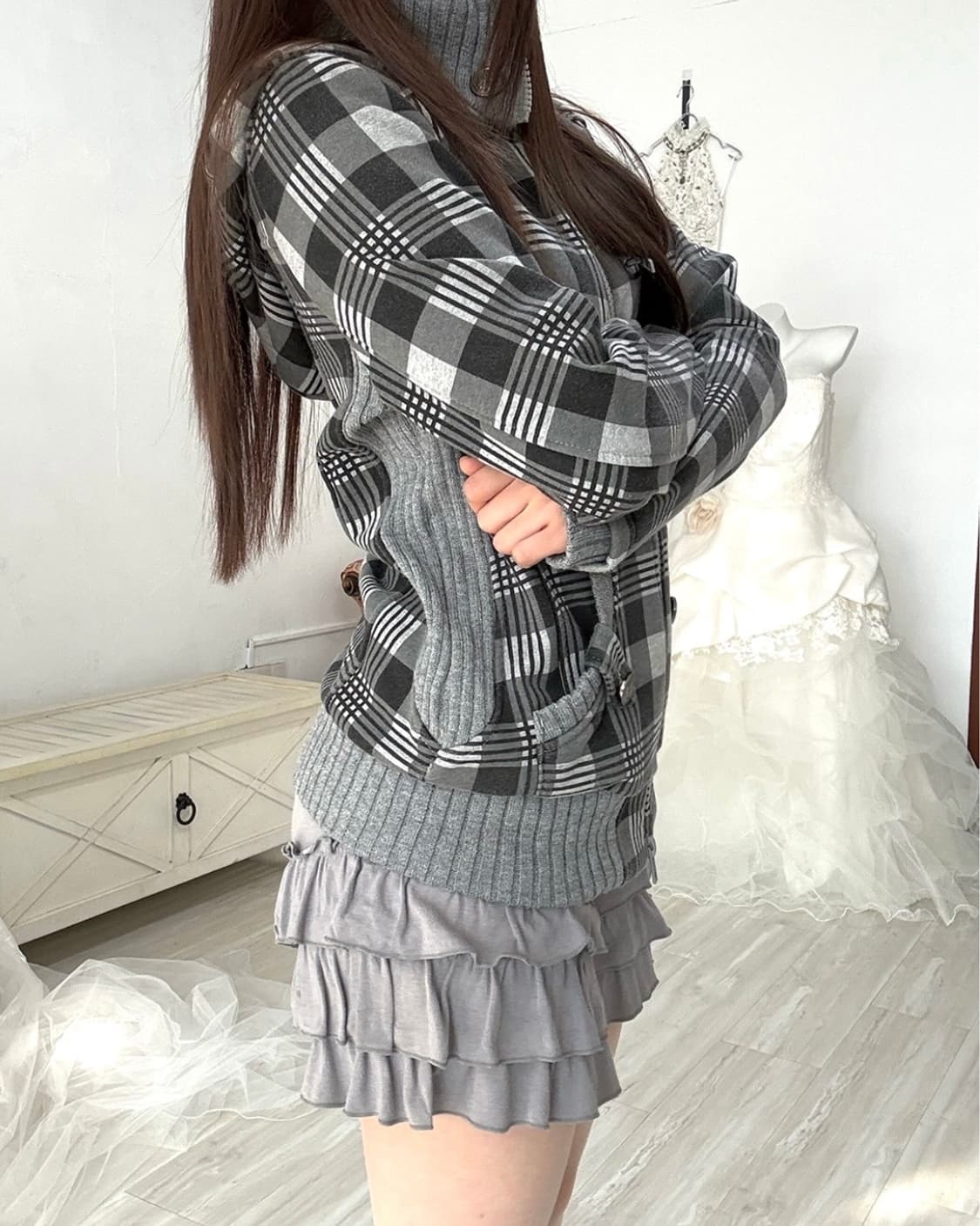 Y2k Gray check zip-up 상품이미지10