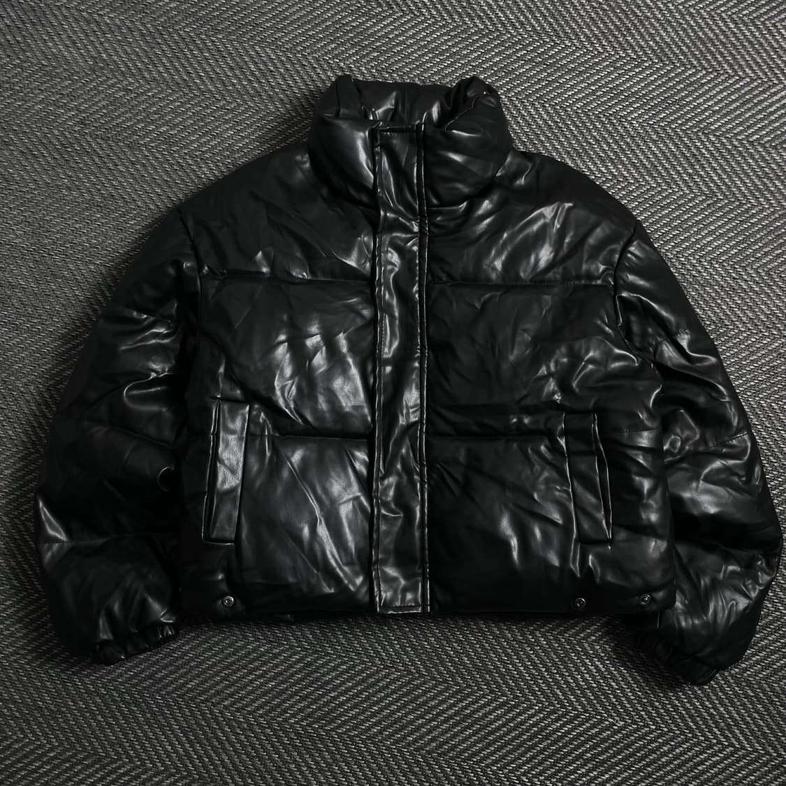 빈티지 우먼스 블랙 비건 레더 패딩 점퍼o 4015 상품이미지1
