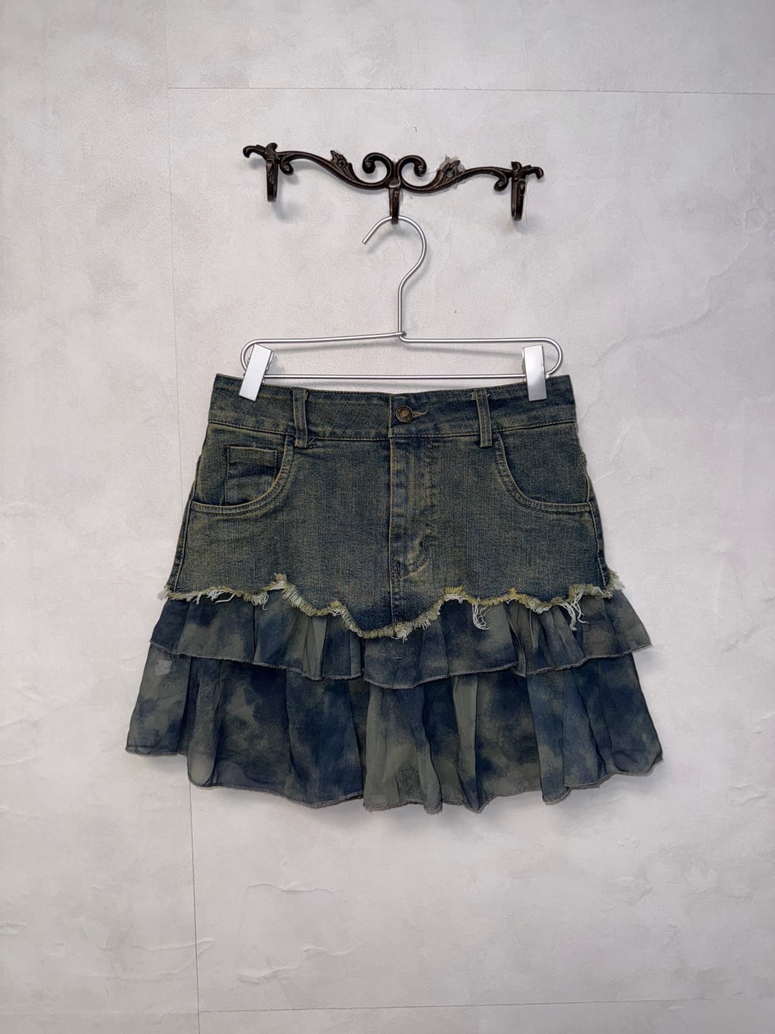 Denim tie dye chiffon cancan layered sk 상품이미지1