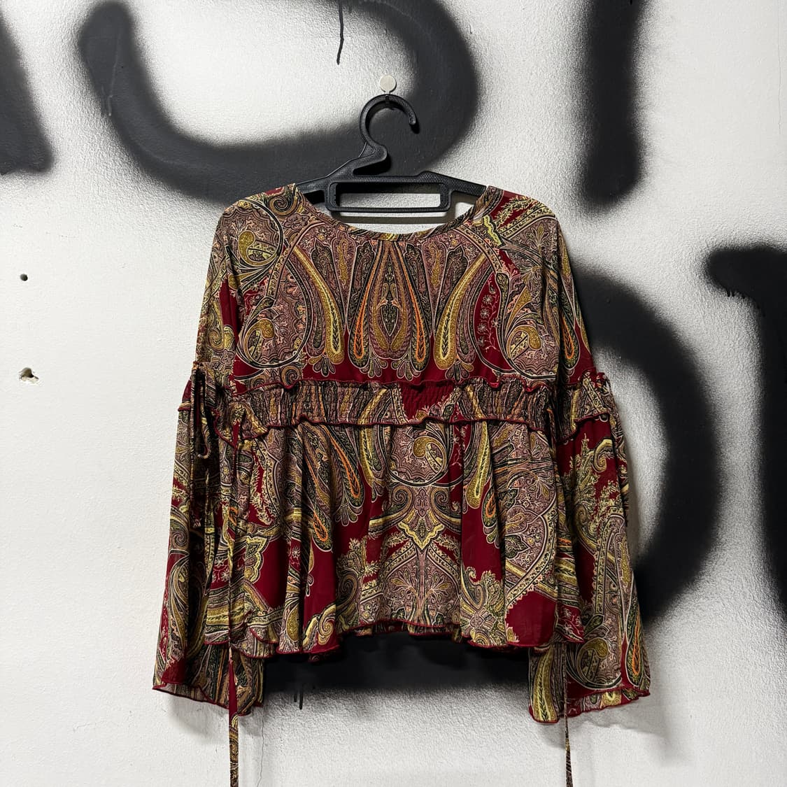 VTG 빈티지 셔링 러플 페이즐리 퍼프 슬리브 크롭 블라우스 탑 상품이미지2