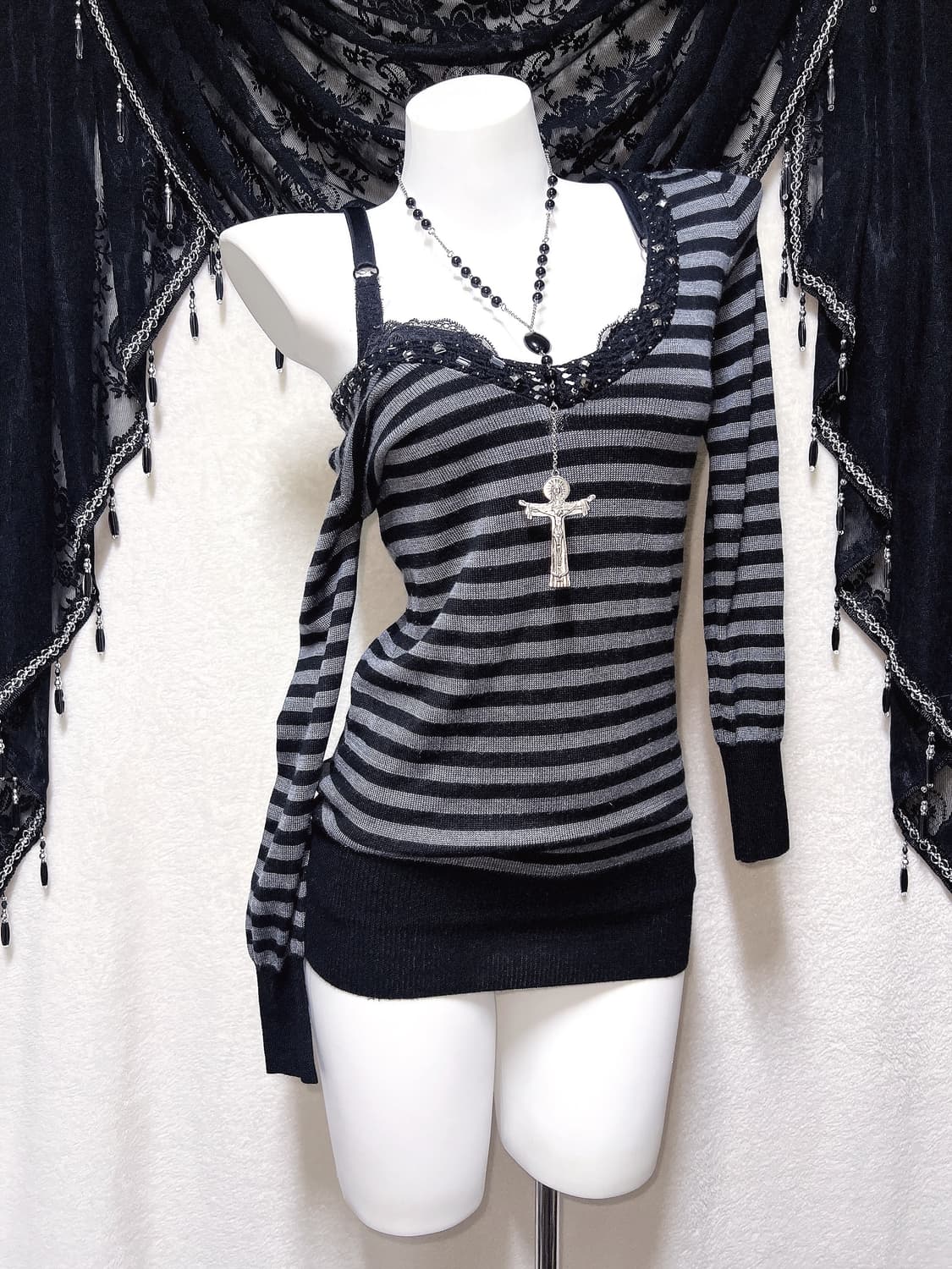 오네갸루 고스펑크 브이넥 스트라이프 비즈 니트 오프숄더 미니원피스 섹시 상품이미지6